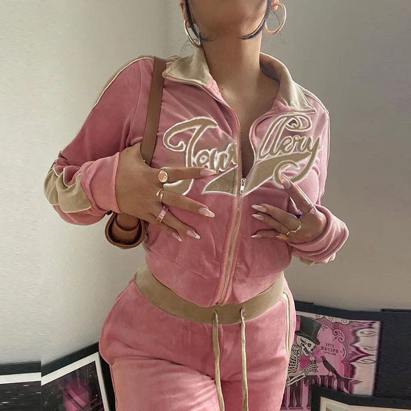 Two pieces soft womens matching sets tracksuits custom embroidery logo velvet velour tracksuit Y2K suit