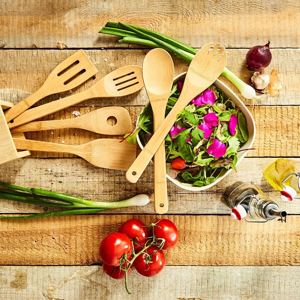 Сто на бамбук без BPA | Кухонный набор из шести Бамбуковая кухонная утварь и техника + контейнер для хранения