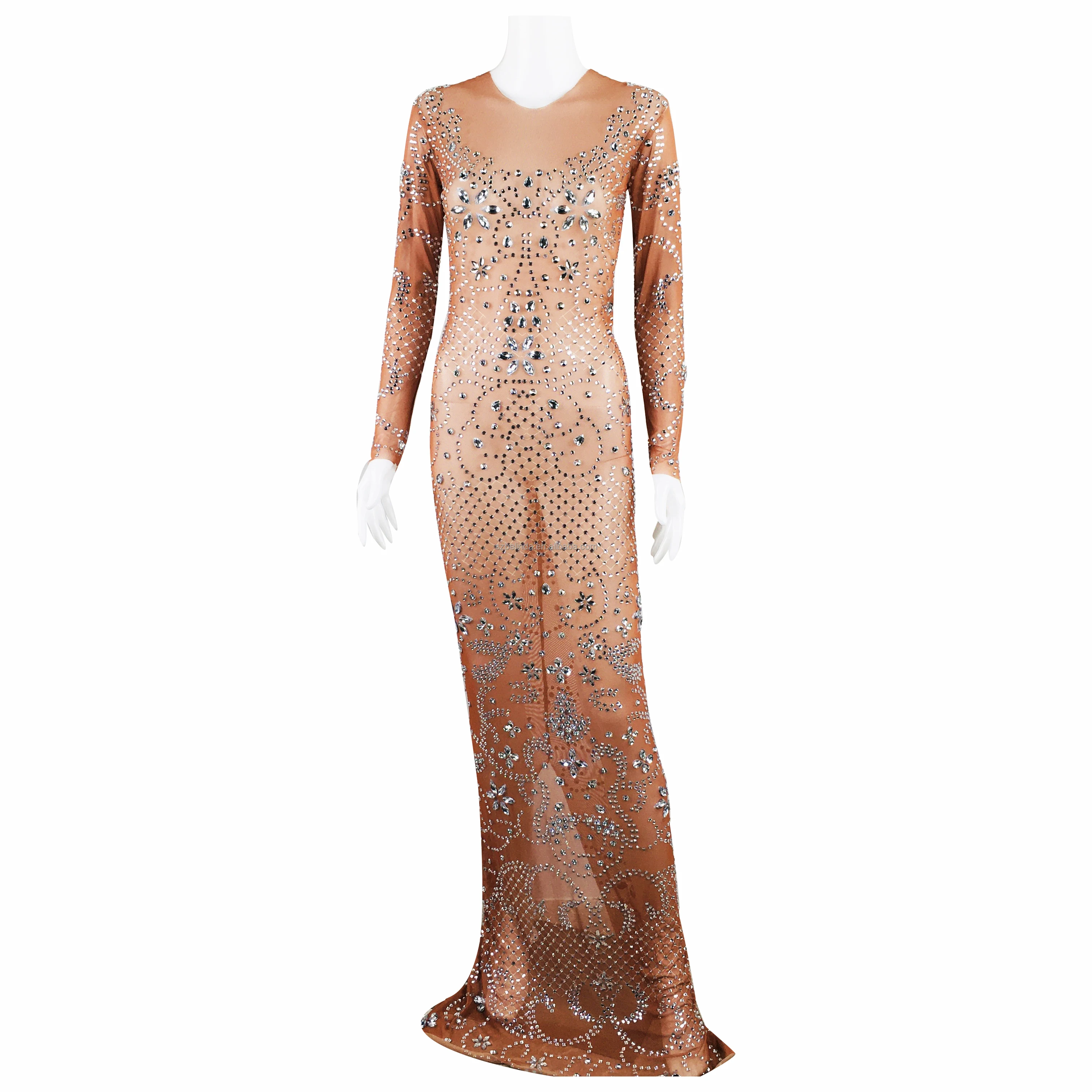 Sparkly Mirror Rhinestone Transparent Split Long Dress Evening Wedding Celebrate Costume Women Party Dancer Show Dress