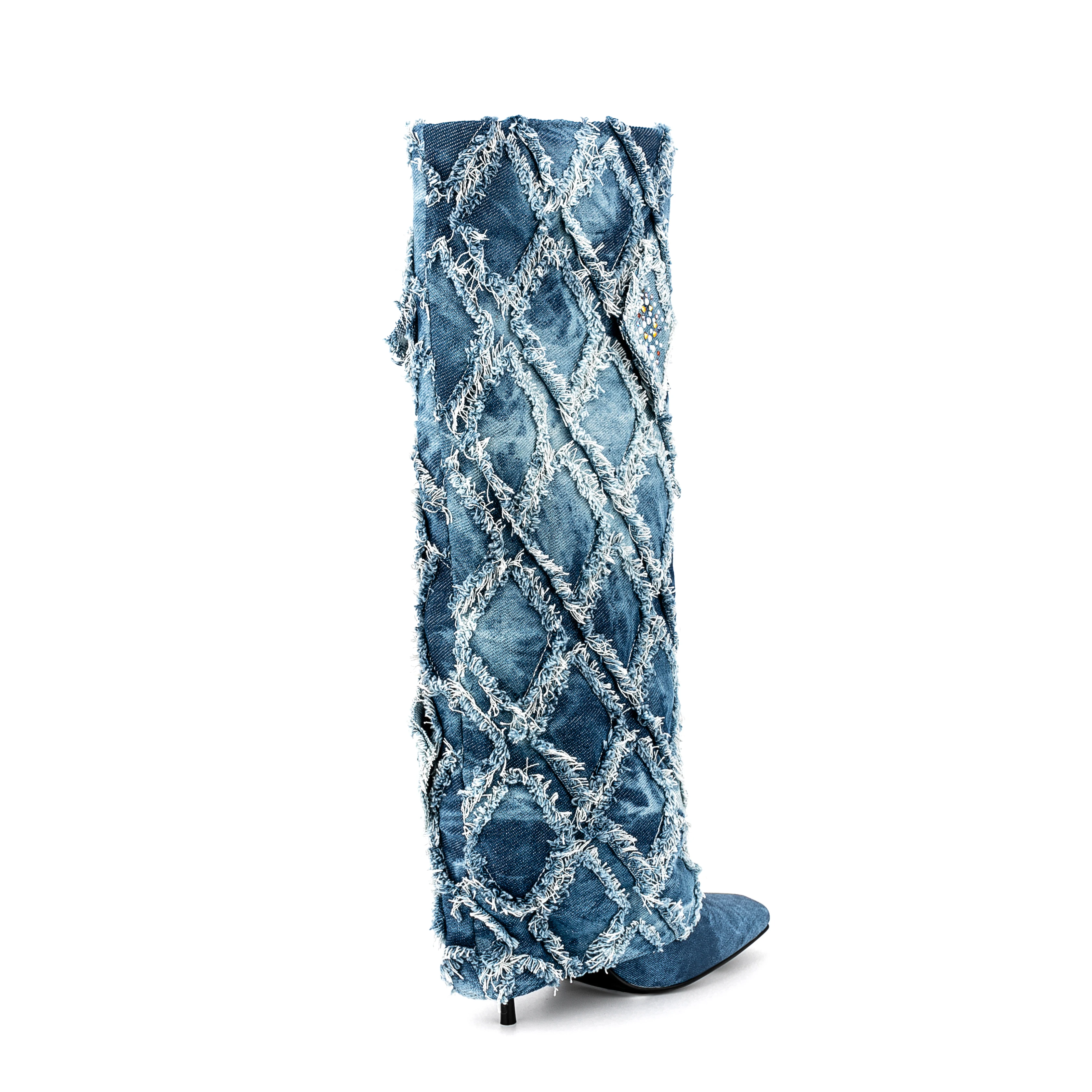 Argyle Fur Denim Knee-High Boots Square Toe High Heel Shoes For Women And Ladies 2023 New Fashion Winter Spring Jeans Boots