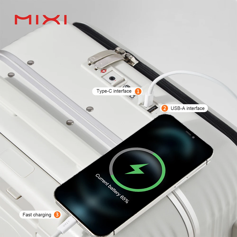 Mixi new arrival cup holder carry on suitcase maletas de viaje USB charge port aluminum trolley hook for Mobile phone luggage
