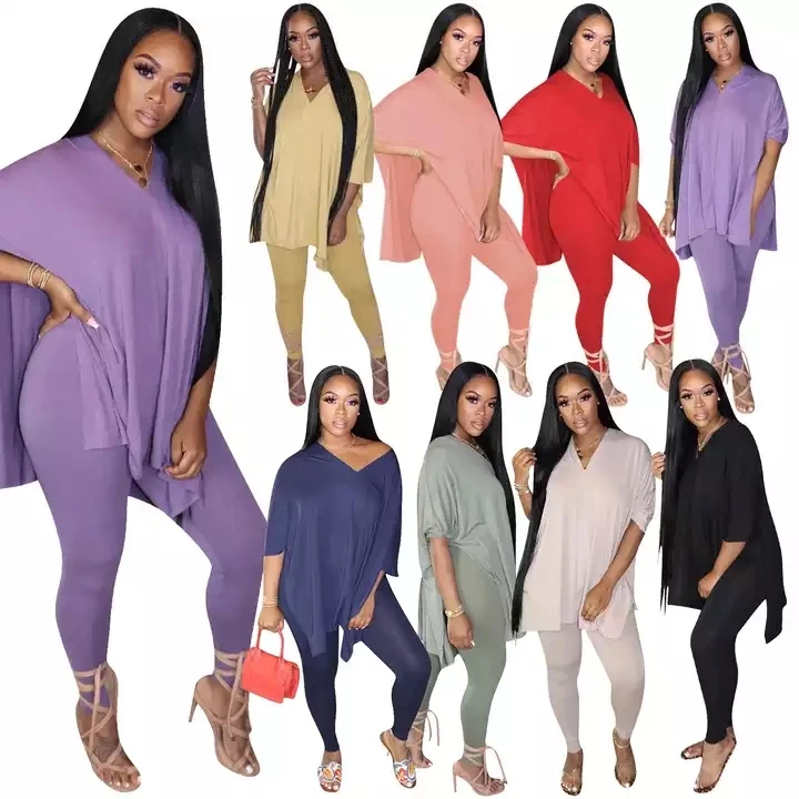 Wholesale Fall 2022 Women Clothes Short Sleeve Soild V Neck Loose Tops and Pants Sports Joggers Two Piece Sets
