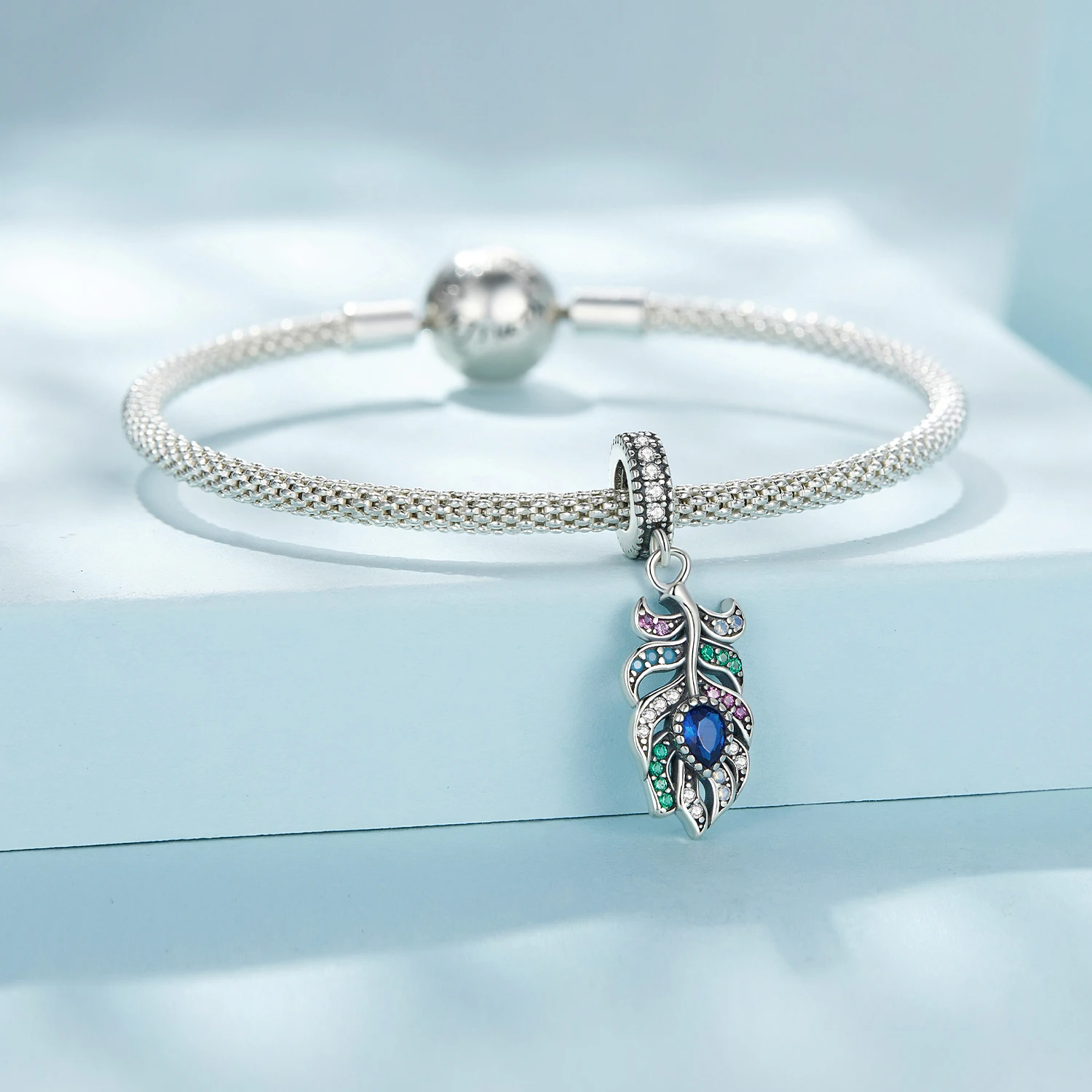 Colorful zircon peacock feather diy bracelet necklace pendant retro turquoise opal s925 silver beads