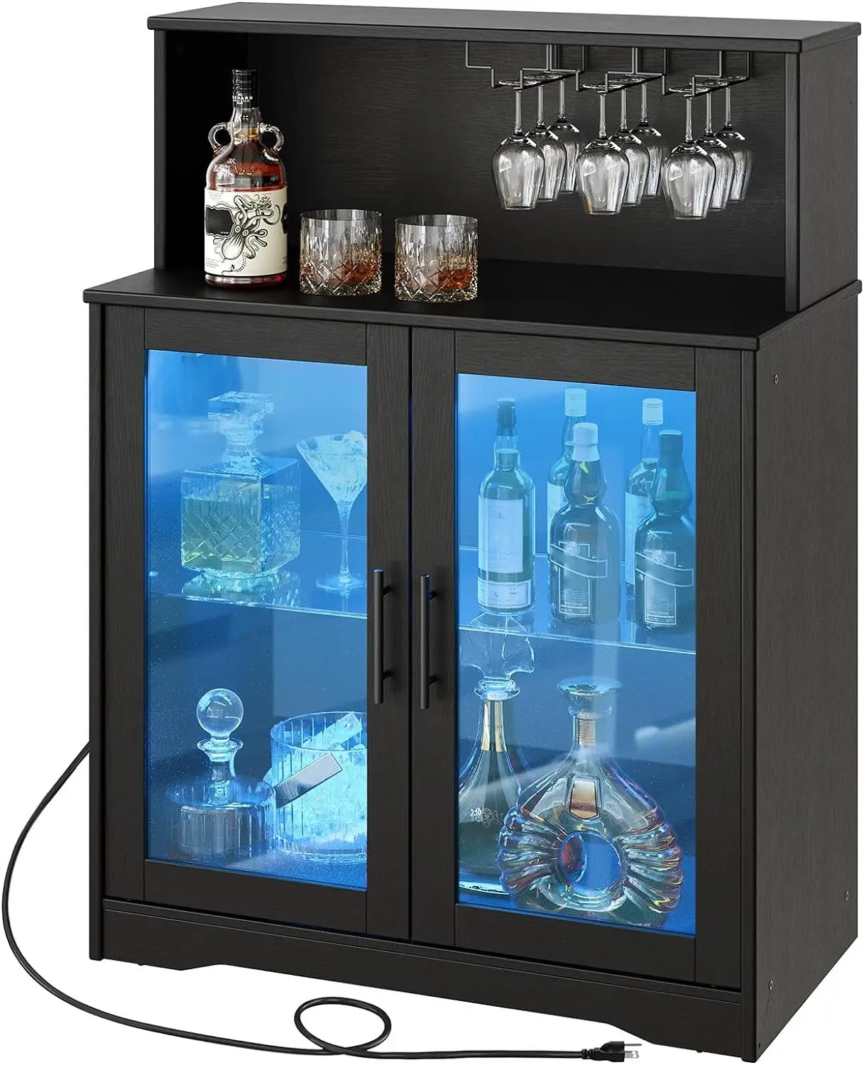 LED Wine Cabinet with Storage Rack  with Power Socket Suitable for Bars, Restaurants, Kitchens, Black
