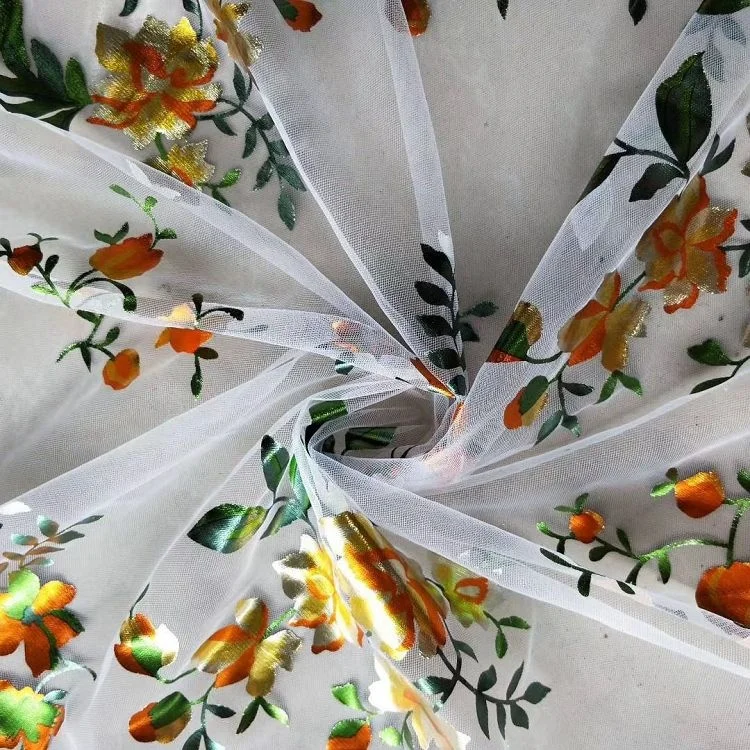 fashion flower design organza foil fabric 3D gold digital foil print sheer fabric
