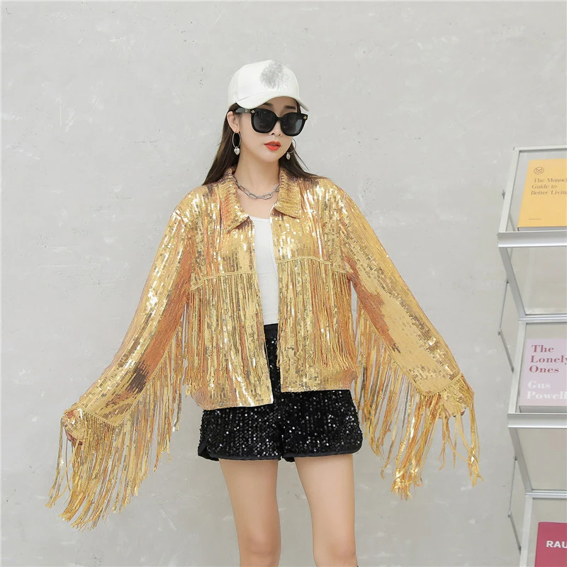 wholesale silver tassel hip hop Jazz Dance Costume coat fringed Sequin bomber Jacket