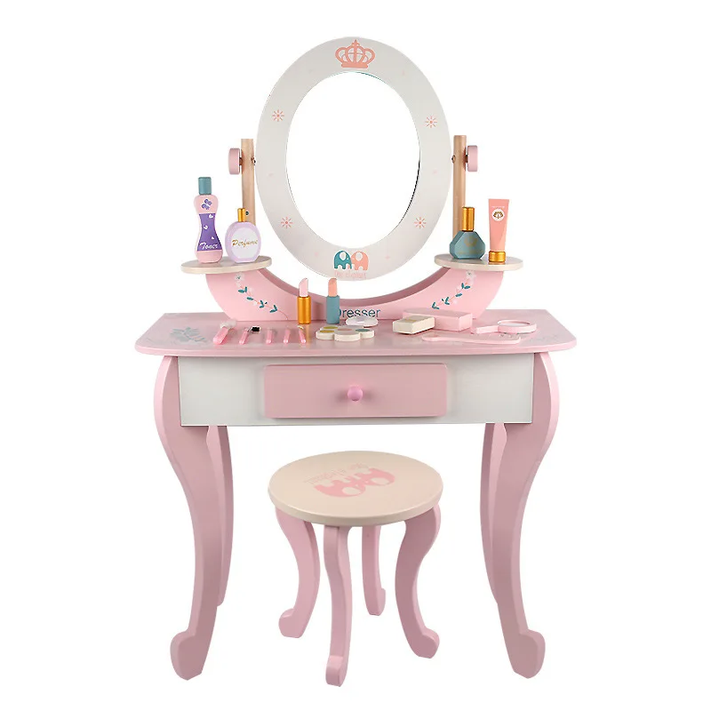 Wooden Princess Dressing Table for Kids Artificial Crown Educational Pretend Play & Preschool Toy for Girls