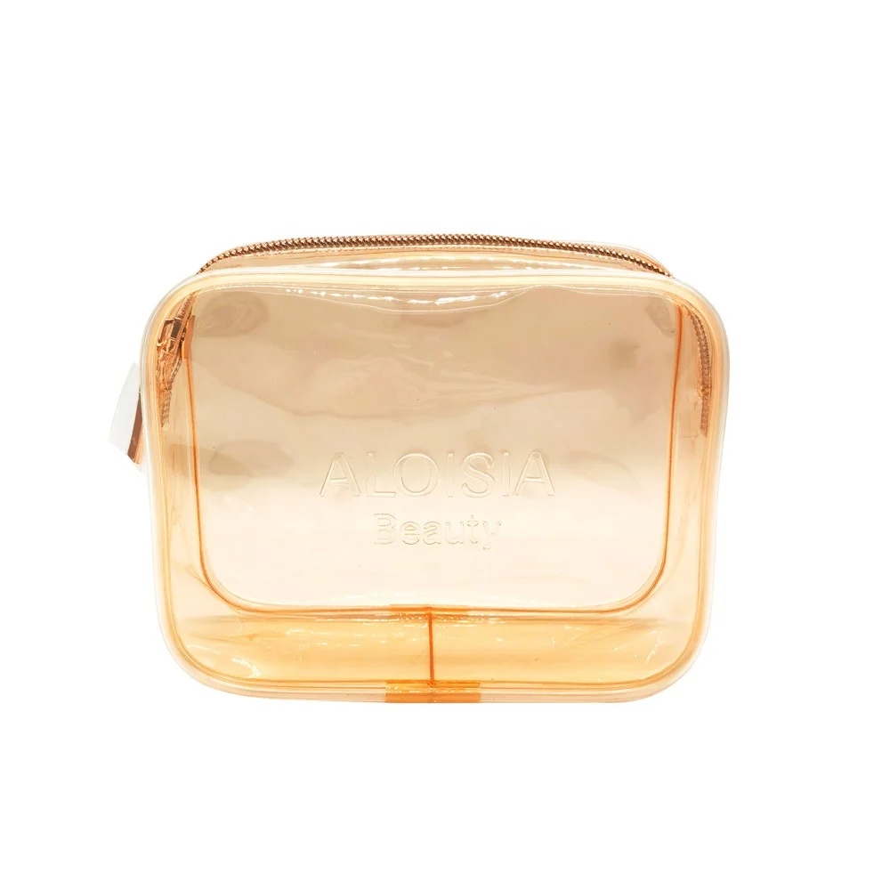 China factory product colorful custom logo transparent PVC cosmetic bag makeup bag with piping
