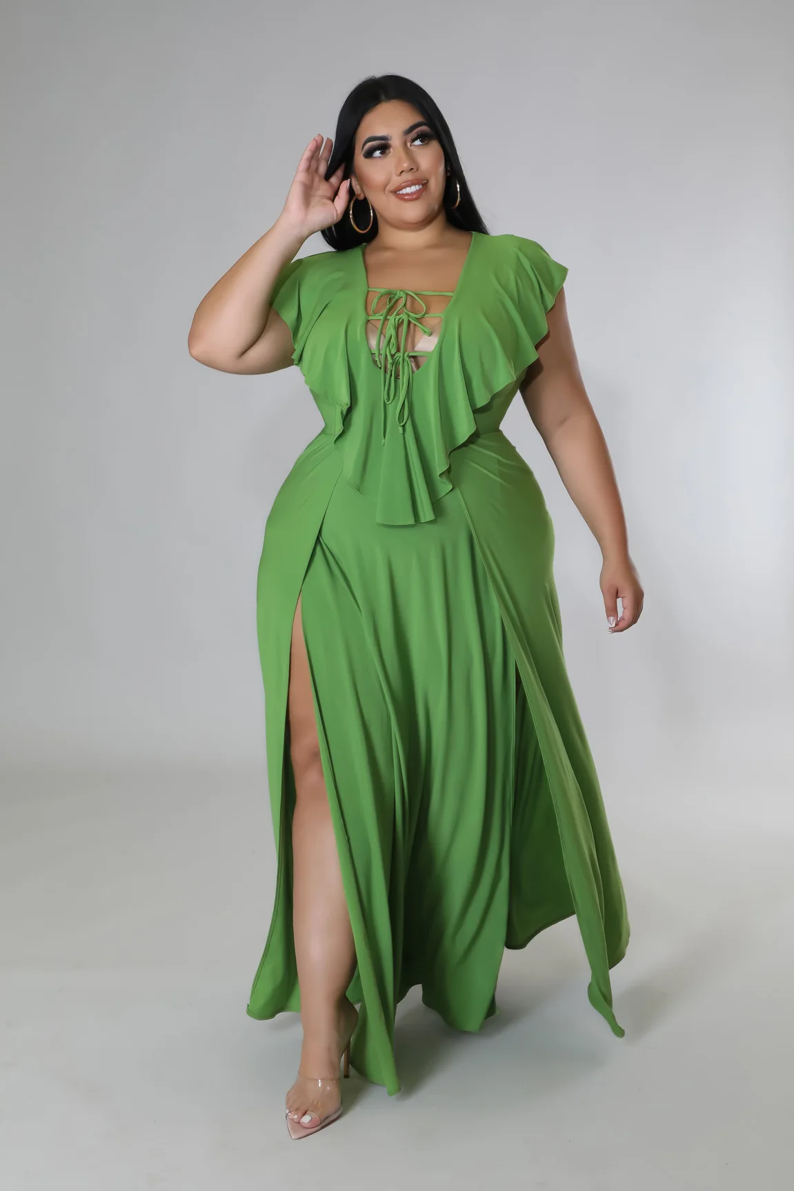 X33260 Amazon Europe and America  fashion Split dress solid color ruffled large size summer casual women dress plus size