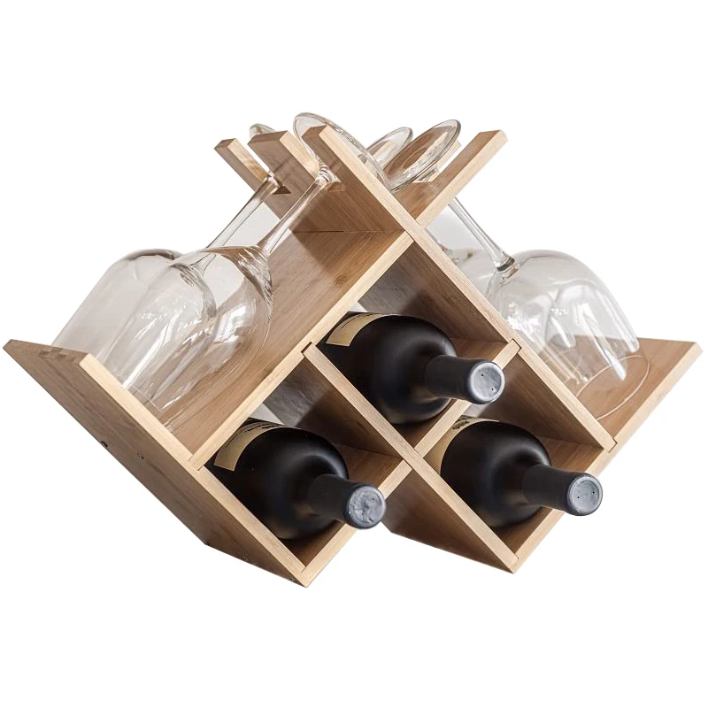 Freestanding Modern Natural Bamboo Countertop Wine Bottle Holder Wine Rack with Glass Holder for Home Kitchen Bar Wine Cellar