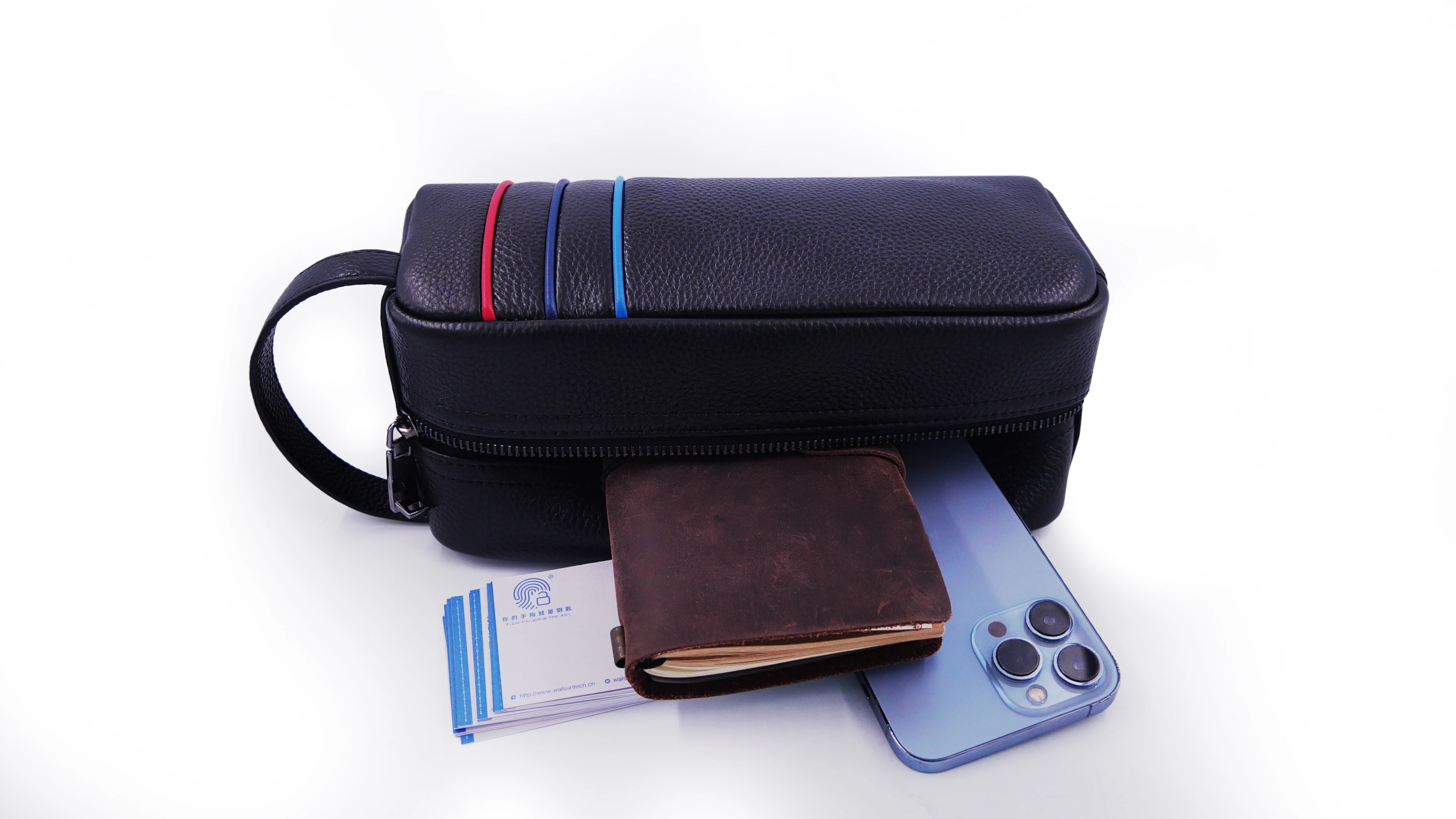 Black anti-theft Real leather Fingerprint unlock Customize  Smart Clutch   Bag   for Men