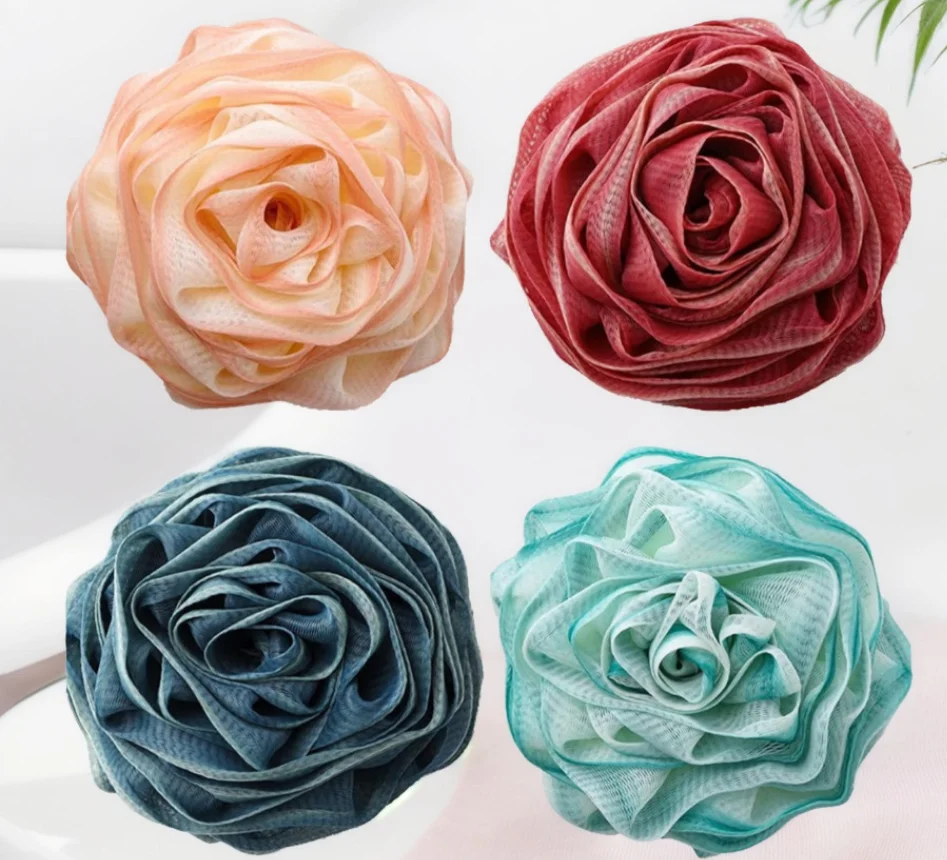 Private Label Rose Flower Loofah Sponge Bath Soft PE Mesh Body Poufs Exfoliating Bath Cleaning Sponge Luffa Shower Ball Scrubber