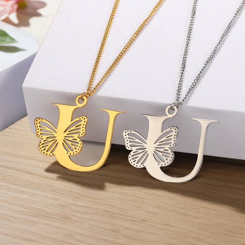 Custom Exquisite Stainless Steel Letter K and Hollow Out Butterfly Necklace Jewelry Lovely Birthday Gifts for Women Friends