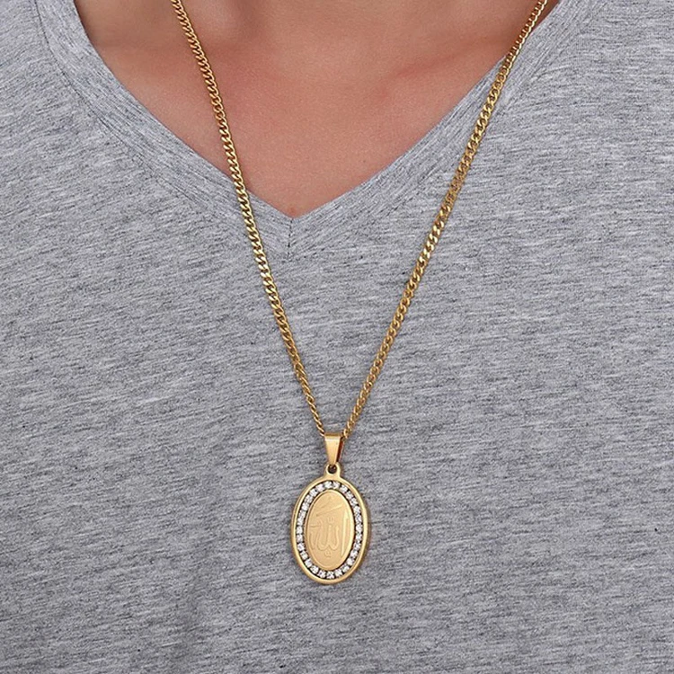 Gold Plated CZ Stainless Steel Pendant Necklace With Muslim Islam Allah Engraved Customized for Men Women
