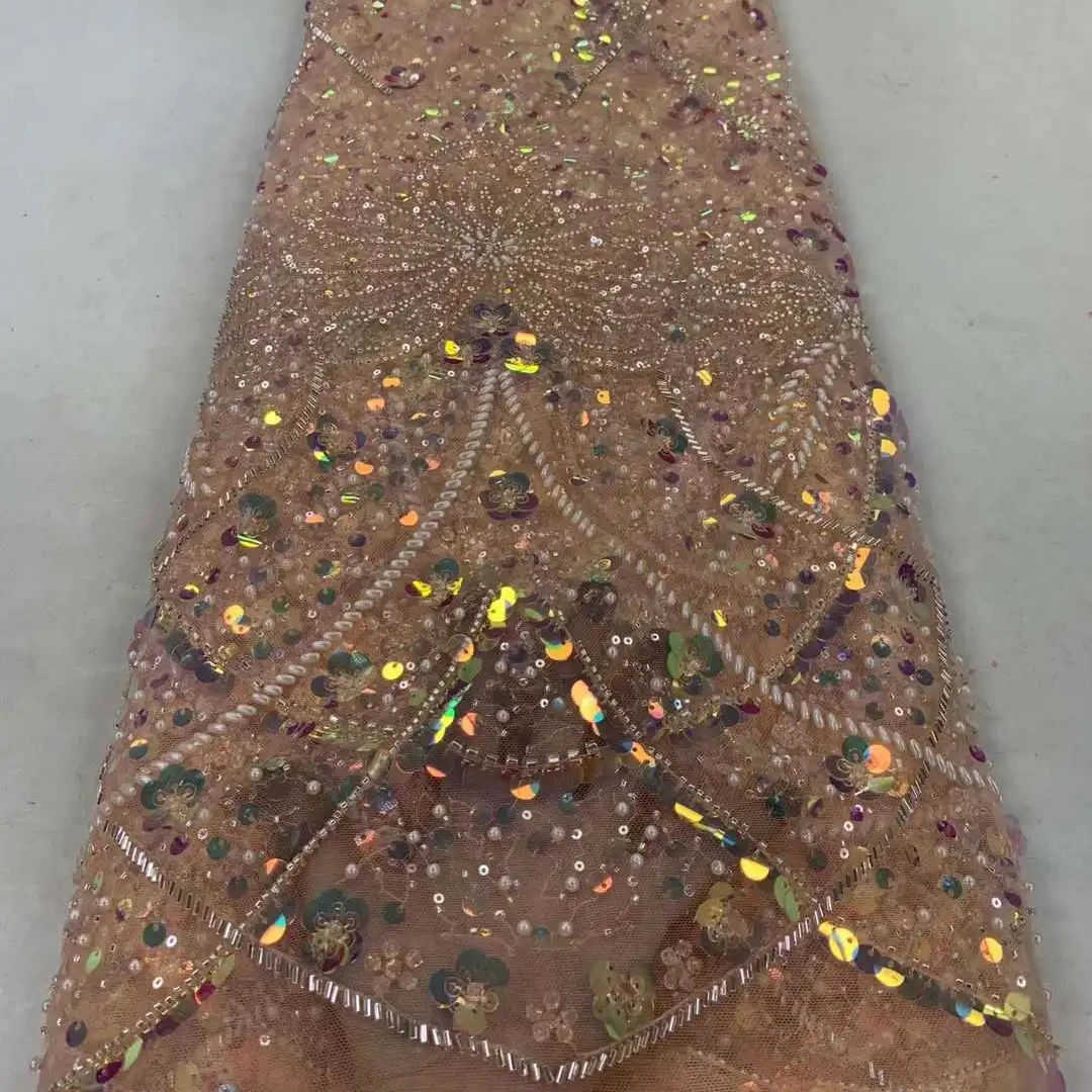 High quality sequin lace fabric with beads and pearl