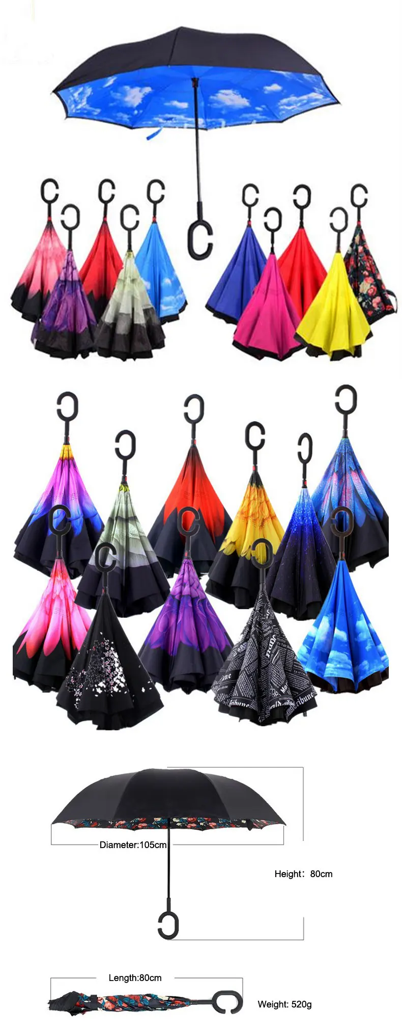 Guangdong supplier waterproof custom print C handle double layer inverted umbrella stick