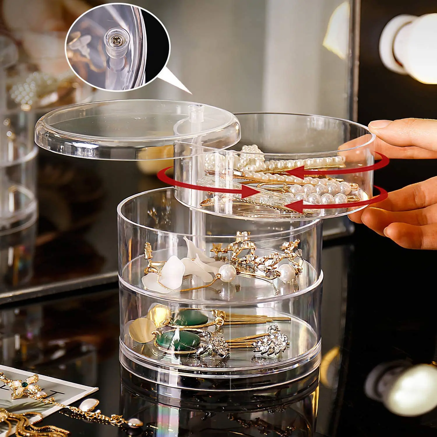 Stackable 4 Tier Round Clear Plastic Jewelry Rotating Storage tray With Lid Small Cylindrical Storage Case For Jewelry