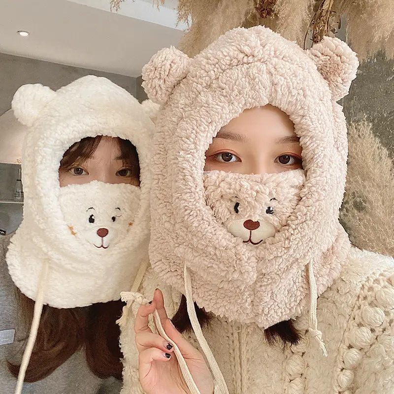 Cartoon Bear Ear Lamb Beanie Hat With Mask Warm Balaclava Winter Thickened Ear Protection Autumn Skullies Beanies for Women Girl