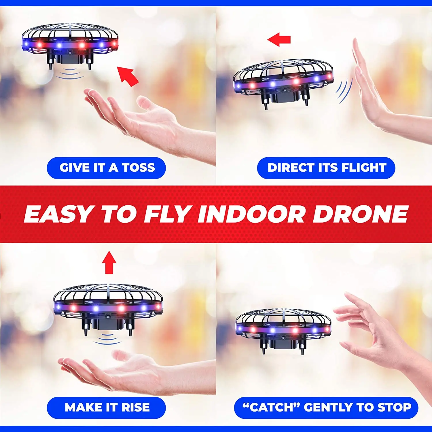Scoot LED Hand Operated Drone for Kids or Adults Hands Free Motion Sensor Mini Drone Easy Indoor Small UFO Toy Flying Ball Drone