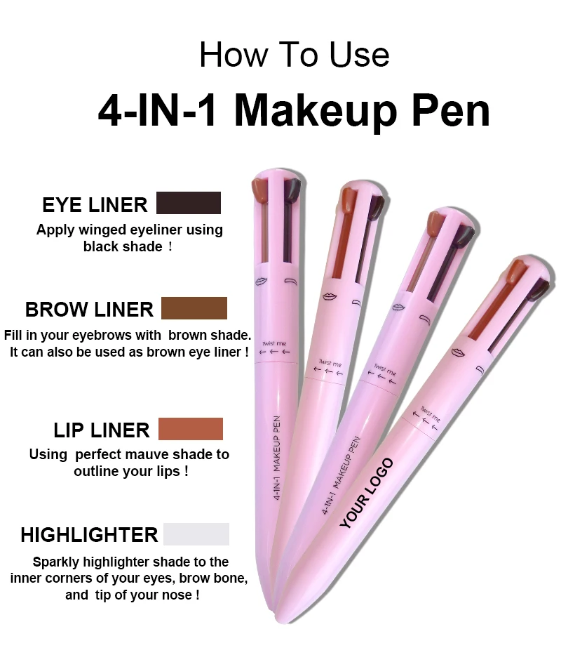 Private Label Brow Contour Pro Touch Up 4IN1 Makeup Pen 4 Refills 4 Colors Eyebrow Eyeliner Lipliner Highlighter Pencil