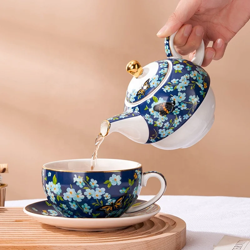Phalaenopsis Орхидея чайник с чашками чай для одного набора цветок элегантная темно-синяя кофейная чашка и блюдце вечеринки подарочный набор