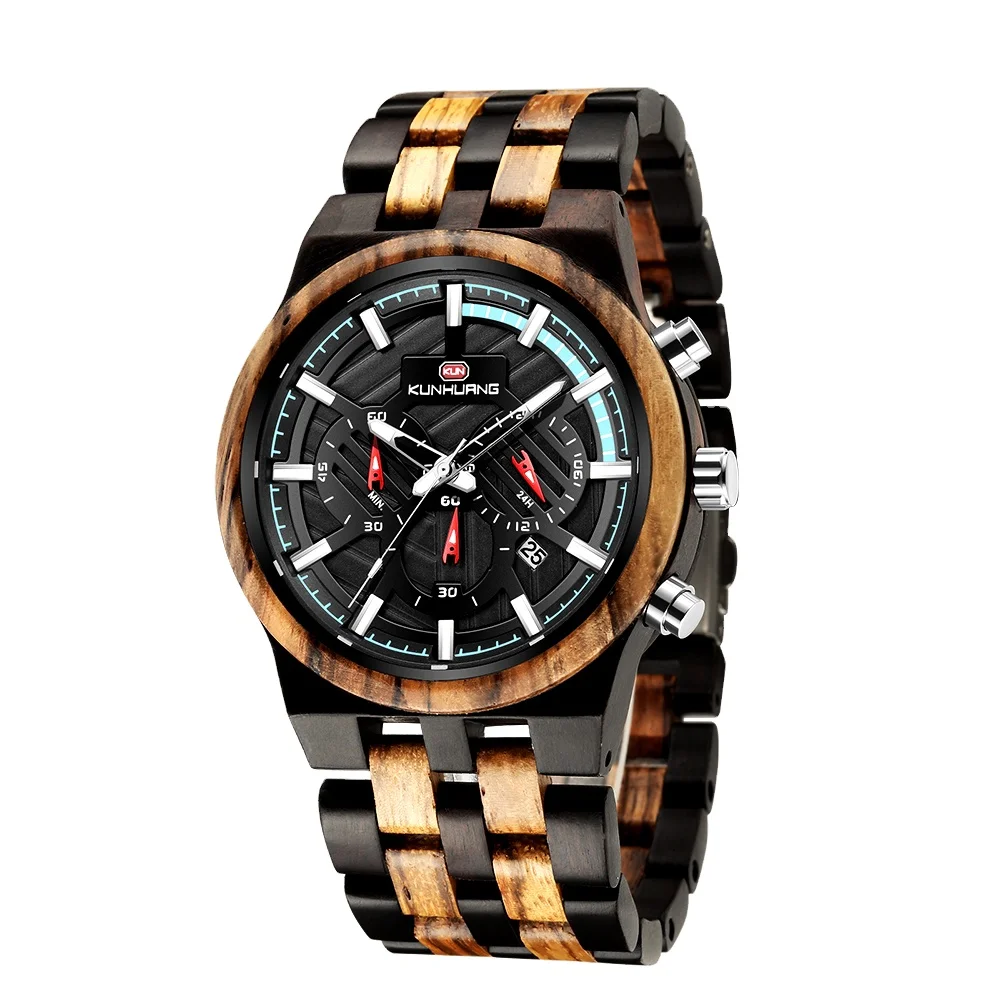 Private Label Natural Wooden Wrist Watch Men Fashion Chronograph Wood Watch
