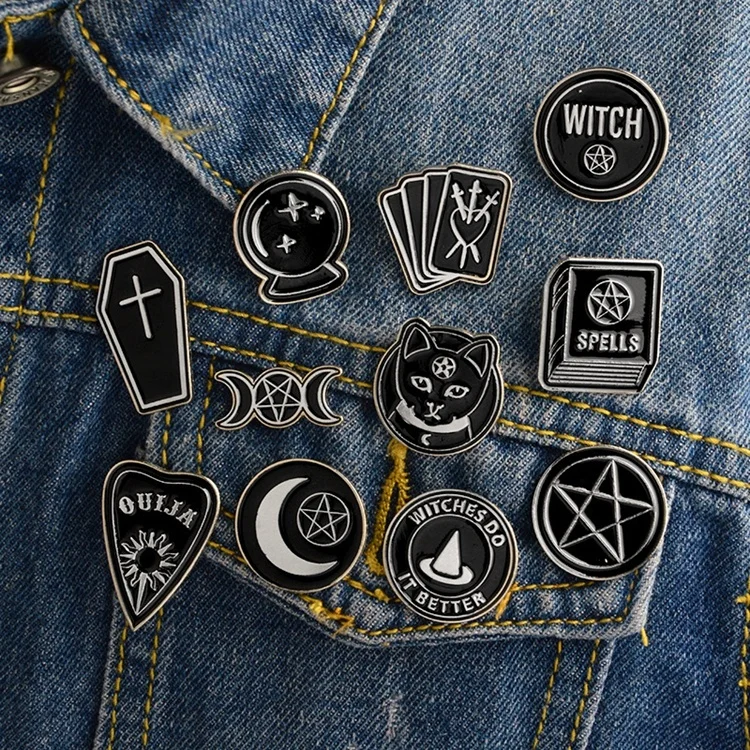 Hot Punk Moon Coffin Witch Book Hat Black Moon Brooch Dark Series Retro Brooch Pin Badges Brooches