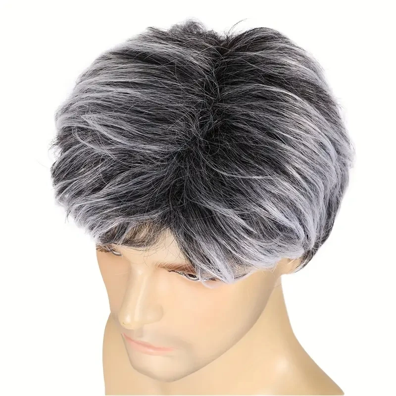 Cheap Price 6 Inch Grey Silvery Short Straight Layered Full Synthetic Wig High Temperature Fiber Male Hair