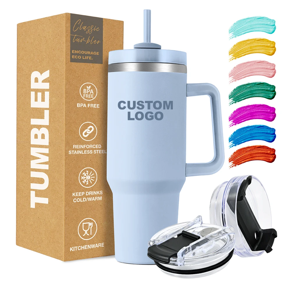 Custom Logo 40 oz Tumbler With Straw Handle Double walled Stainless Steel Tumbler Insulated Vacuum Travel Mug