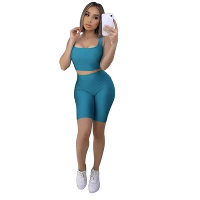 
2020 cycling Cropped Tops Tight Camisole Solid Plain Suspenders Summer Sexy Yoga Nice Sport Fashion 2 Piece Set Women Clothing 