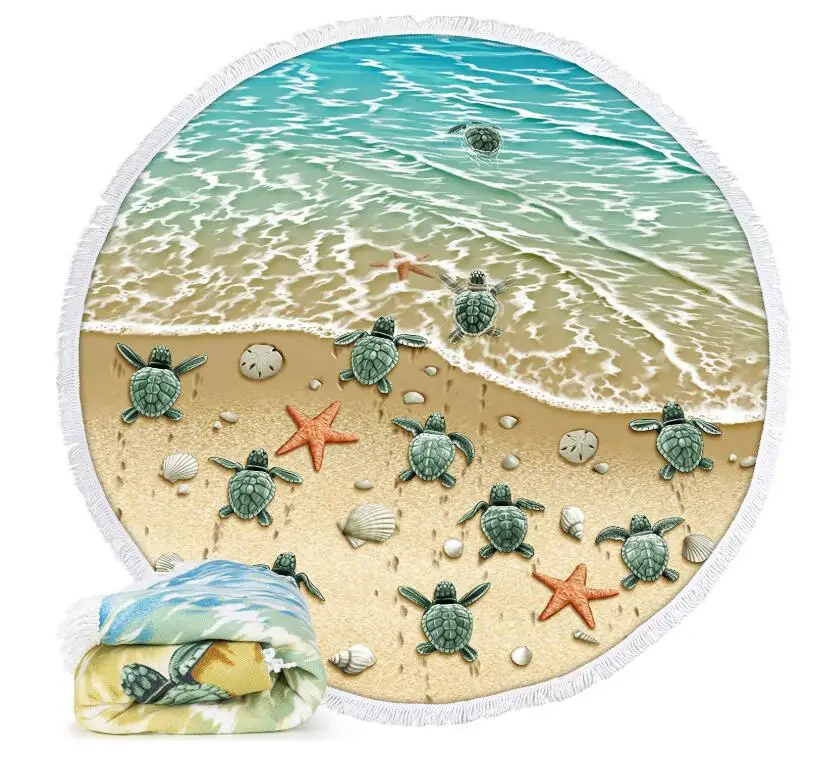 Customized microfiber polyester digital printing round beach towel with tassel