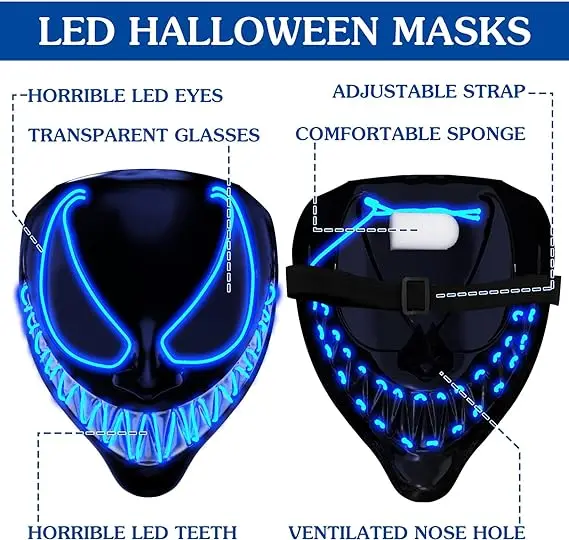 LED Halloween Costume Mask Light Up Scary Mask with Glowing Masquerade Evil Mask for Cosplay Parties