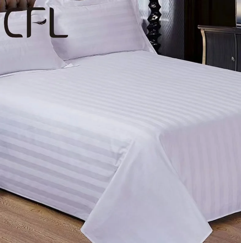 Wholesale 4 Pcs Hotel Linen Brand Logo 4In 1 Hilton Hotel 100 Cotton White Strips Bedsheets Bedding Set