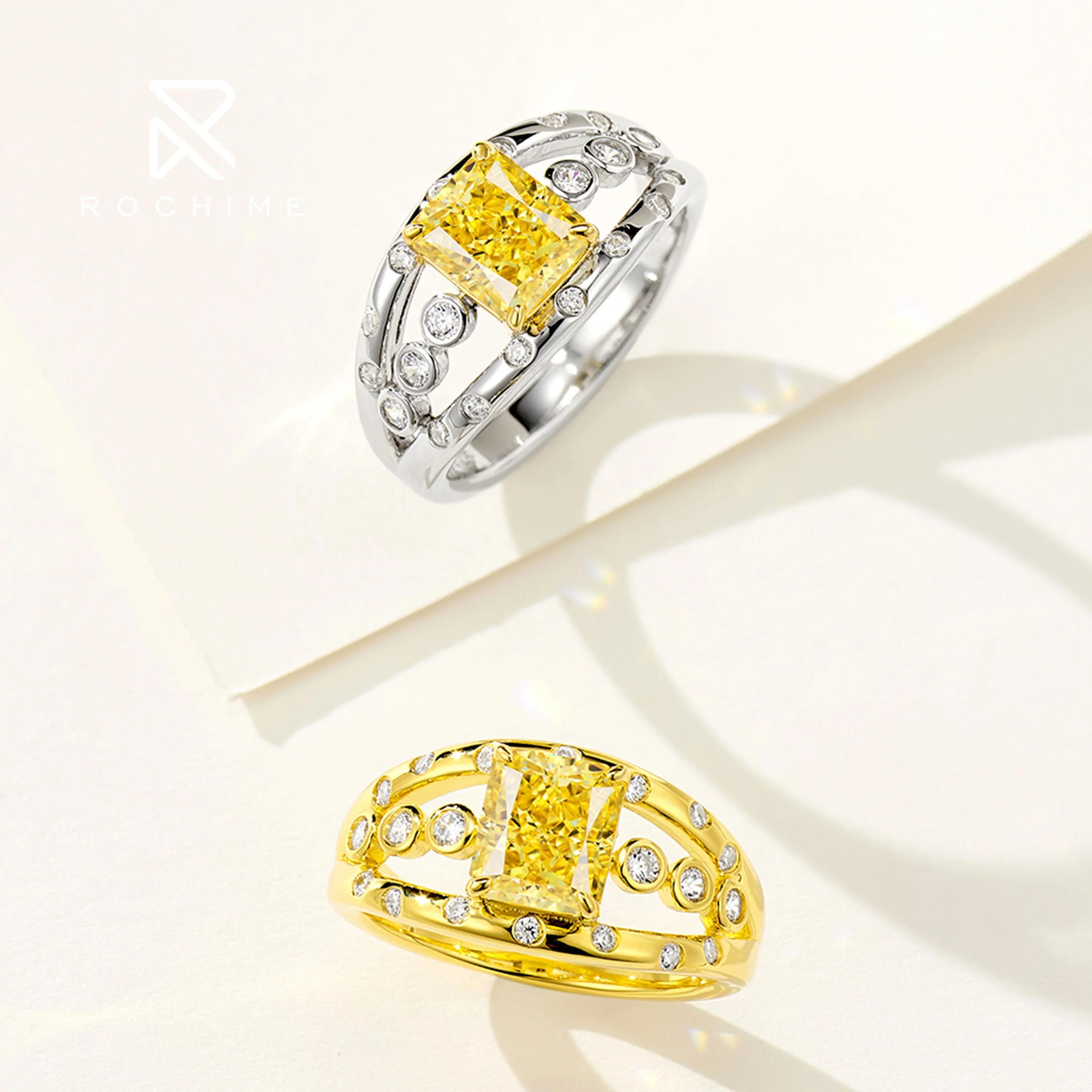 Rochime star shine yellow diamond ring 925 sterling silver gold plated cubic zirconia rings for women