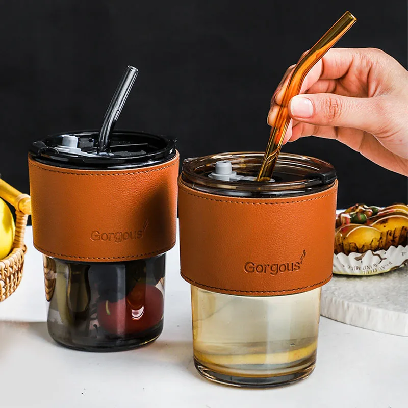 Portable 400ml Drinking Reusable Glass Tumbler  with Straw with Lids and glass beverage cup with Leather Case