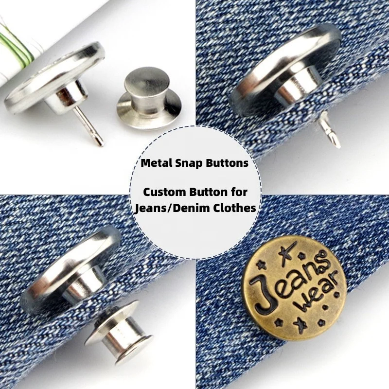 Custom buttons denim rivets adjustable removable button engraved logo brass metal snap buttons for jeans clothes