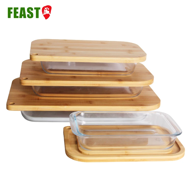 Eco-friendly Glass Baking Dish With Lids Bamboo Lid Glass Microwavable Lunch Container Sets