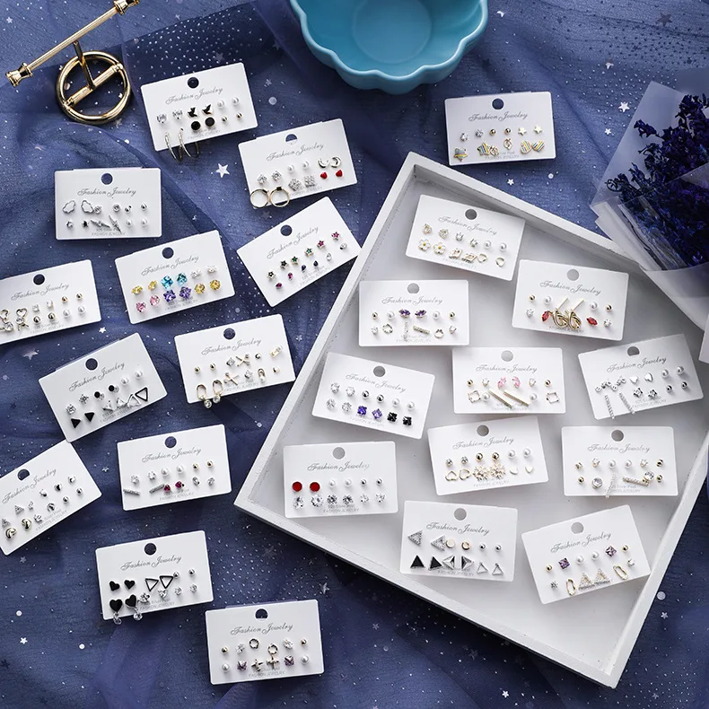 CLARMER 925 Silver Needle Korean Version Of Simple And Versatile 12 Piece Small Earrings  Mini Zircon Earring Set