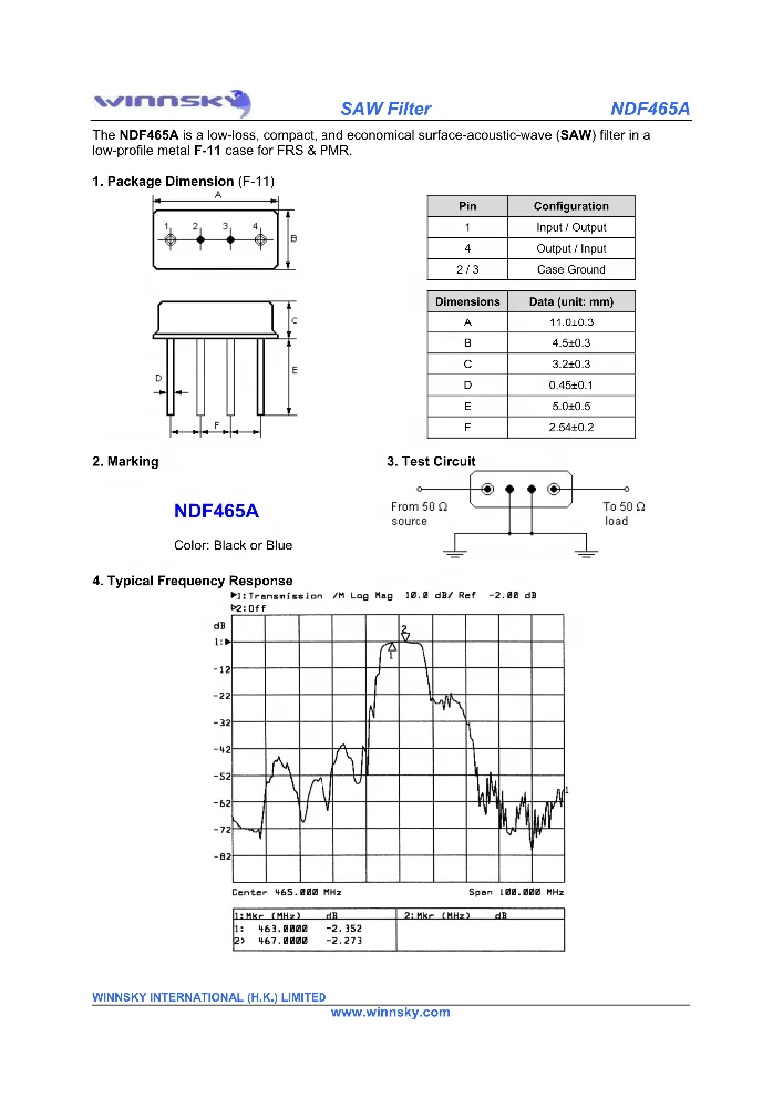 WINNSKY OEM/ODM Custom F11 DIP 465MHz RF Saw Filter Original Factory Offer with Competitive Price Best Service