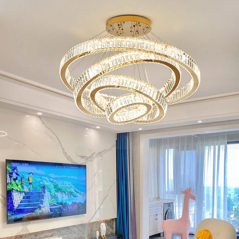 Modern LED Pendant Lamp for Living Room Crystal Hanging Lamp Circle Ring Suspended Chandelier Hotel Lobby Villa Stair Home Use