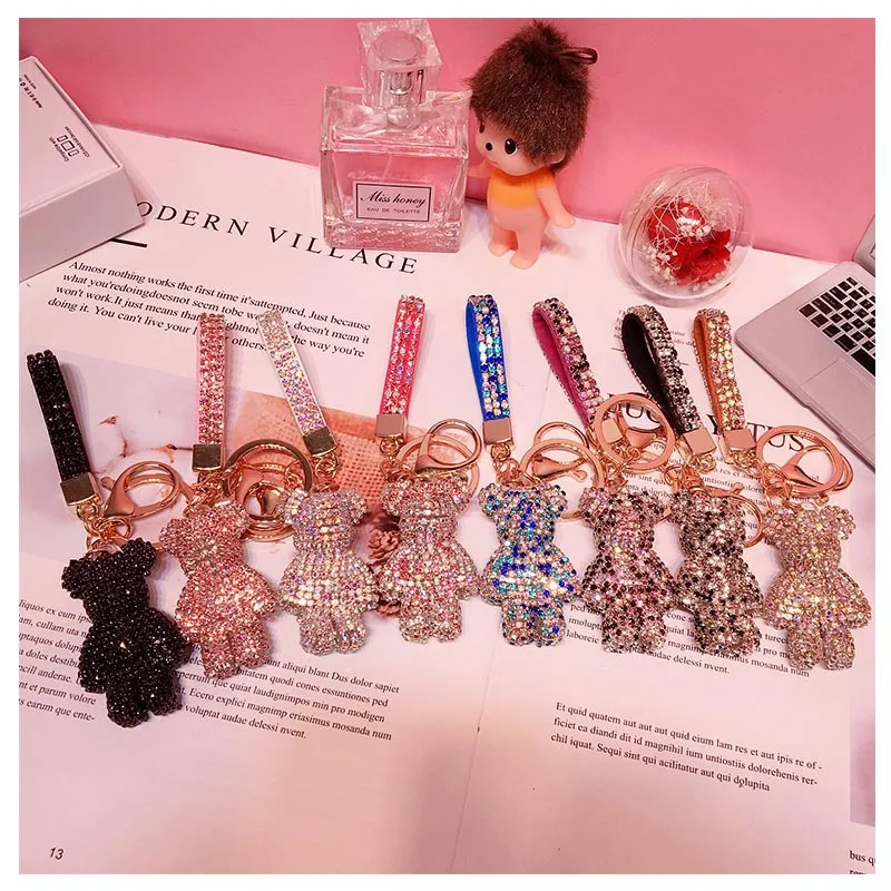 Hot Selling Latest Key chain Luxury Rhinestone Key Ring Bear Leather Wrist Strap Key Chain Designer Keychain