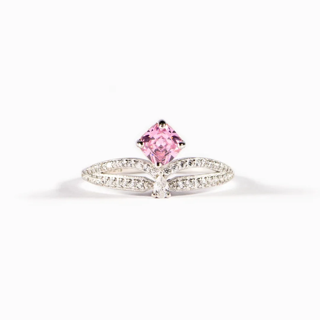 Hotsale Dainty CZ Crown Rings Layered Jewelry s925 Silver Zircon Asscher Cut Pink Diamond Rings for women