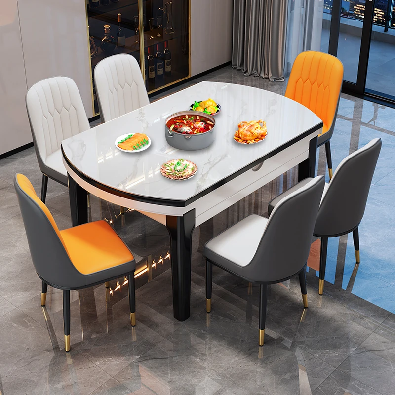 Modern Style Home Furniture Multi-function Extendable Dinner Restaurant Dining Marble Kitchen Table with Metal Legs