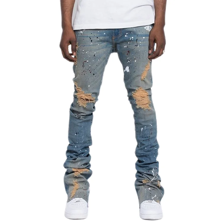 custom dark indigo blue paint splatter distressed jeans for men streetstyle jeans painting jeans