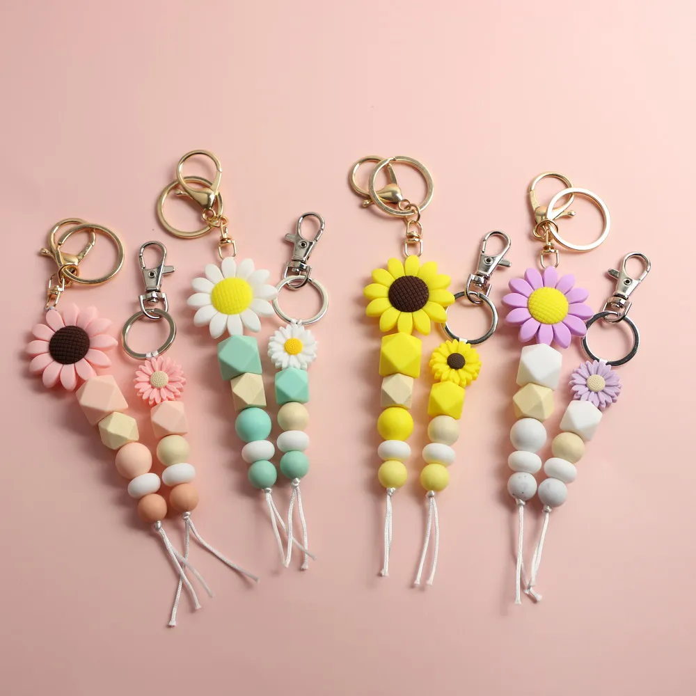 Fashion Summer Candy Colored Silicone Beads Parent-child Keychain Cute  Sunflower Pendant Mommy And Me Family Keychain