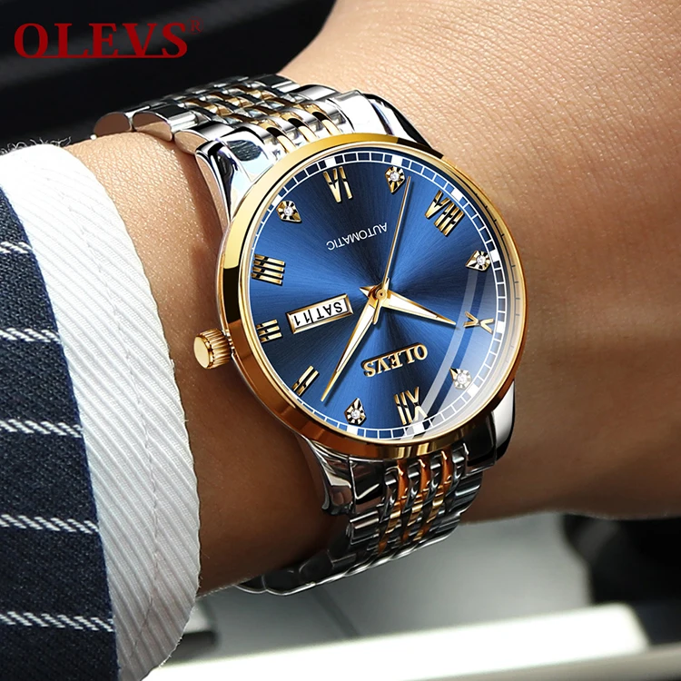 
OLEVS OEM Luxury Automatic Movement Stainless Steel Custom Logo Waterproof Men Automatic Mechanical Blue Dial Men Watch 