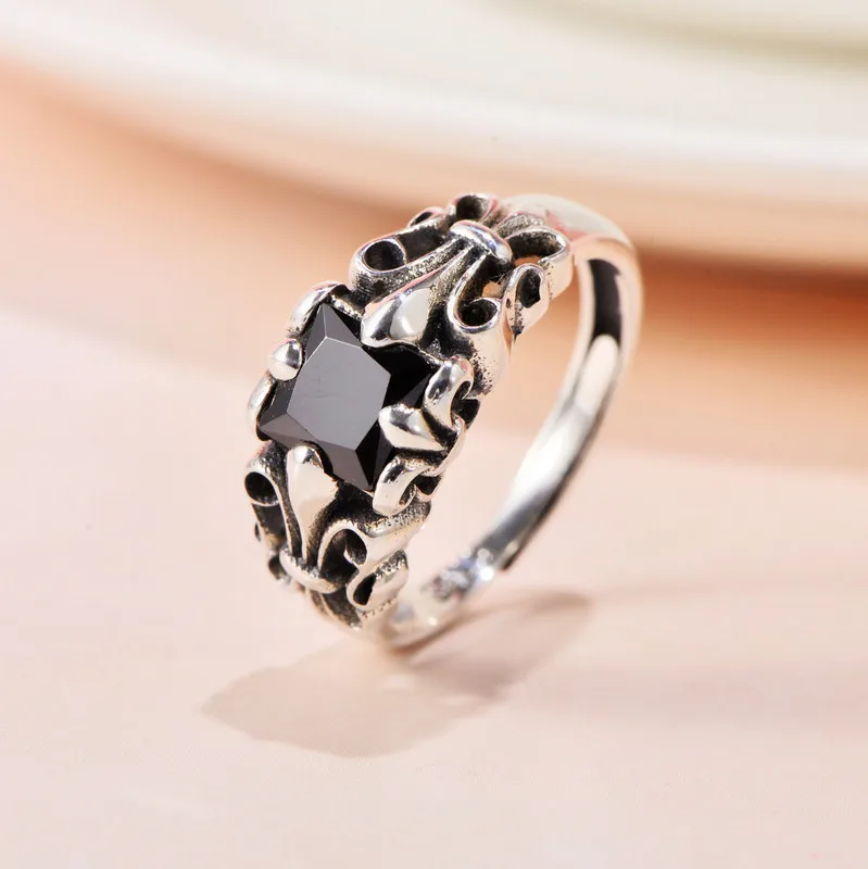 
Small black silver s925 sterling silver retro European crusader flower obsidian opening for men and women fashion trend ring 