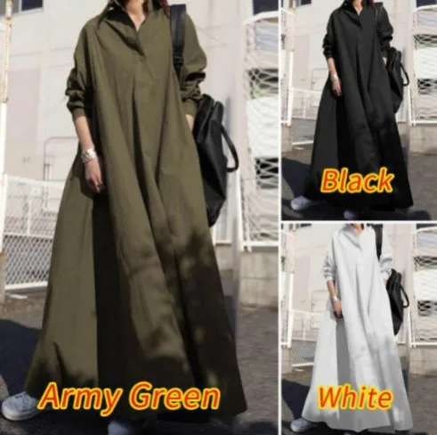 Autumn Pine Long sleeved Large Swing Solid Cotton and Hemp Retro Ethnic Style Wide Dress