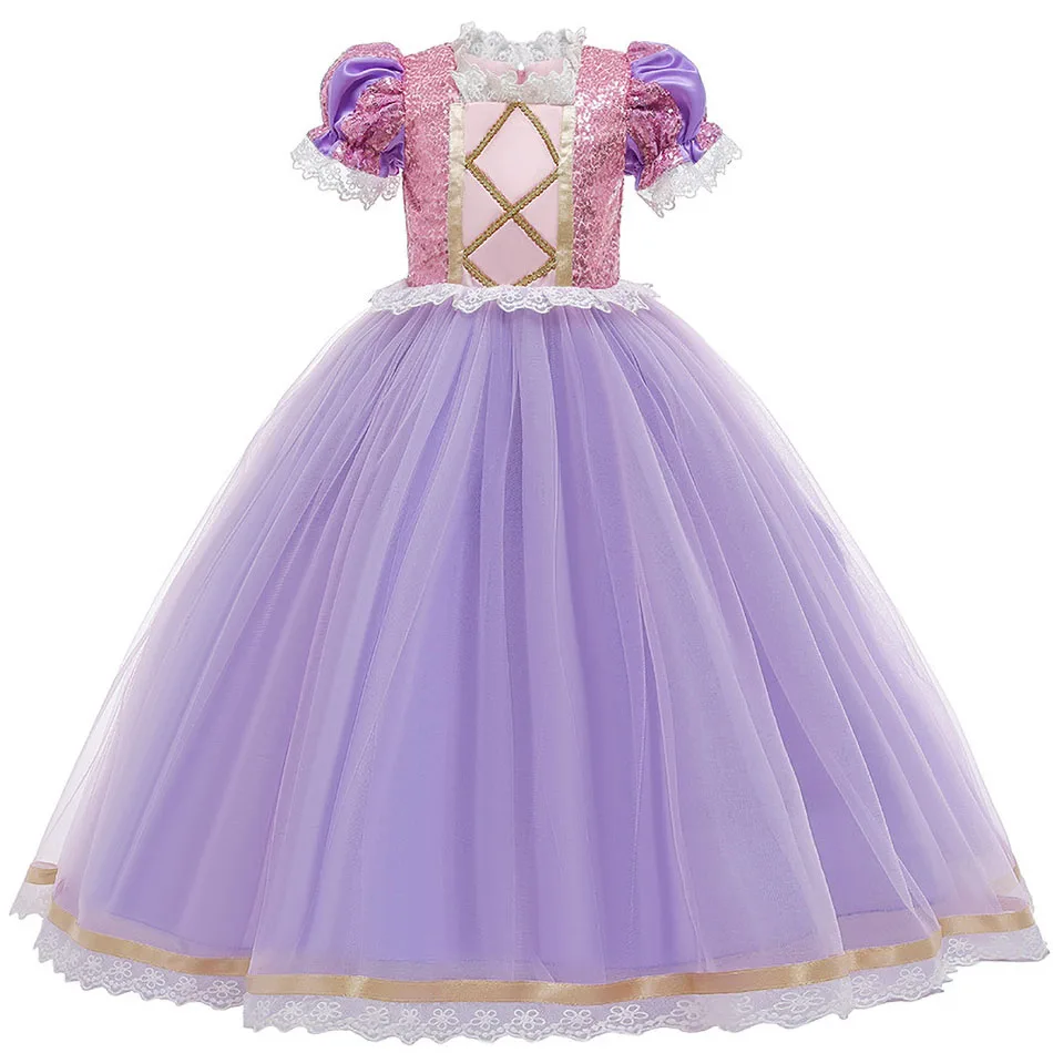 
Children Halloween Party Wedding Ball Gown Deluxe Rapunzel Dress for Kids Girls Lace Summer Sequined Tangled Princess Costume 