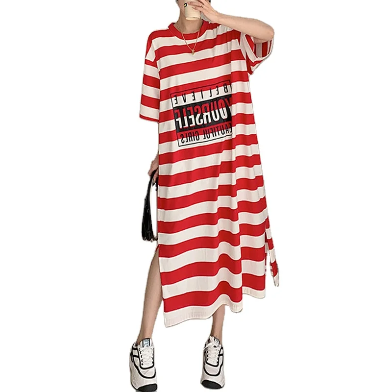 Manufacturer korean letter printed maxi tee dress summer casual loose oversized split long striped t shirt dresses for women